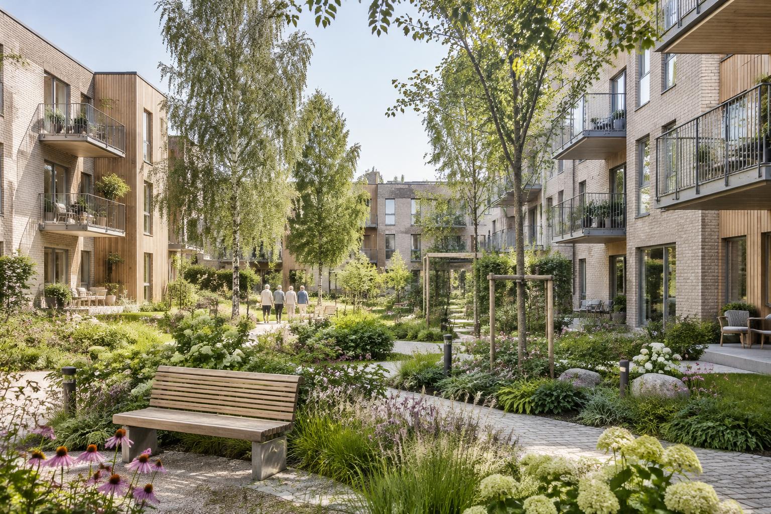 Visionsbild av en grön innergård med moderna, hemtrevliga bostäder